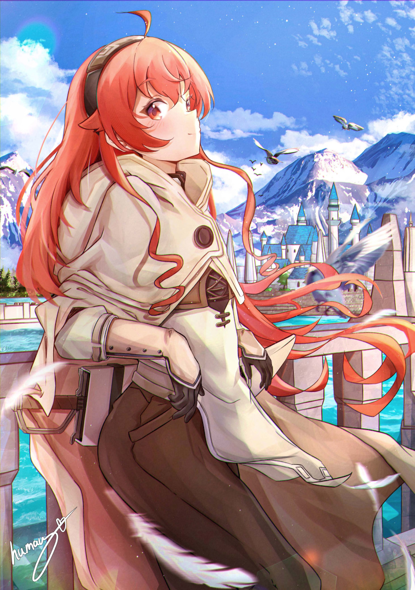 1girl absurdres ahoge bird black_hairband cape crossed_bangs eris_greyrat falling_feathers feathers gloves hair_between_eyes hairband highres humany long_hair mushoku_tensei outdoors red_eyes redhead revision solo thick_eyebrows