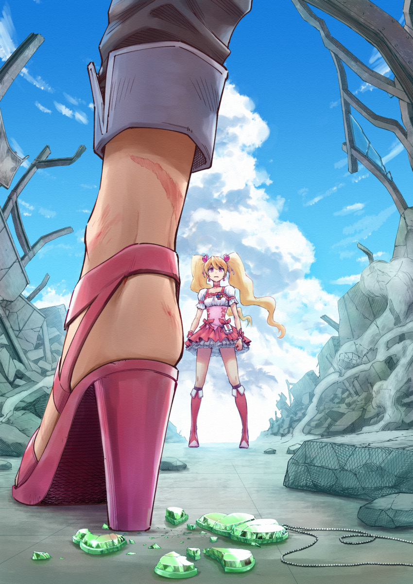 2girls between_legs black_pants blonde_hair blue_sky boots broken capri_pants chain choker clenched_hands close-up clouds cloudy_sky clover collarbone cross-laced_clothes cumulonimbus_cloud cure_peach day debris dress earrings facing_another fresh_precure! gem hair_ornament heart heart_hair_ornament higashi_setsuna high_heels highres itou_shin'ichi jewelry knee_boots layered_skirt legs_apart long_hair looking_at_another magical_girl momozono_love multiple_girls necklace outdoors pants petticoat pink_choker pink_dress pink_eyes pink_footwear pink_wrist_cuffs precure puffy_short_sleeves puffy_sleeves scar short_dress short_sleeves skirt sky standing strappy_heels twintails underbust wind wrist_bow wrist_cuffs wristband