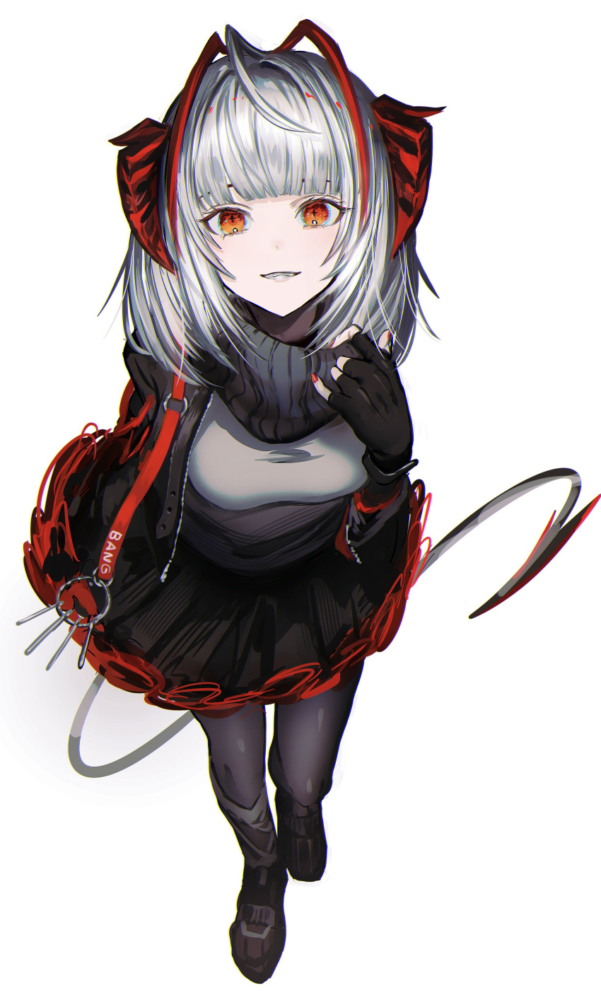 1girl absurdres adjusting_scarf antenna_hair arknights black_gloves black_jacket black_scarf black_skirt black_tail blunt_bangs chromatic_aberration cross-shaped_pupils eyes_visible_through_hair fingerless_gloves fingernails from_above full_body gawako gloves grey_hair grey_pantyhose grey_shirt hand_up highres jacket long_sleeves looking_at_viewer making-of_available medium_hair multicolored_hair nail_polish open_clothes open_jacket orange_eyes pantyhose parted_lips red_nails redhead scarf shirt simple_background skirt solo streaked_hair symbol-shaped_pupils tail w_(arknights) white_background