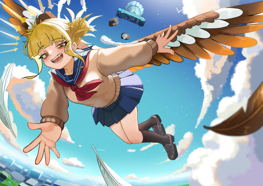 1girl absurdres battle_bus_(fortnite) blonde_hair blue_sailor_collar blue_skirt boku_no_hero_academia brown_cardigan cardigan clouds commission day double_bun falling feathered_wings fortnite hair_bun highres messy_hair neckerchief open_mouth outdoors red_neckerchief sailor_collar second-party_source skirt slit_pupils solo toga_himiko wings yellow_eyes zd_(pixiv6210083)