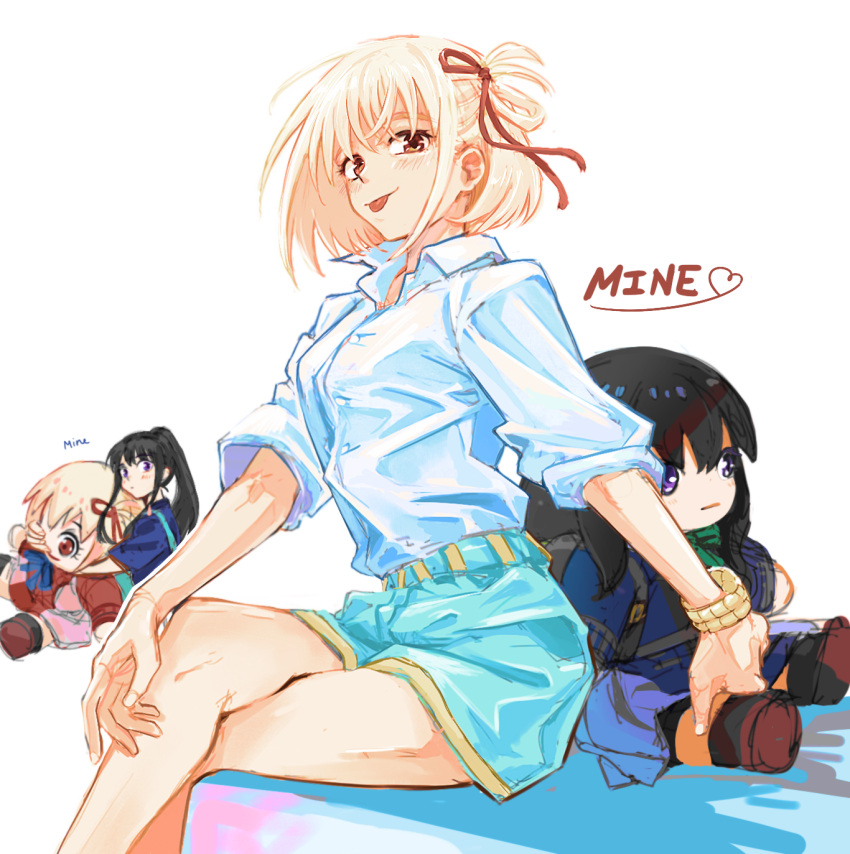 2girls black_hair blonde_hair blue_dress blue_shirt blue_shorts blush bracelet breasts character_doll collared_shirt commentary crossed_legs dress english_text hair_ribbon heart highres inoue_takina jewelry koyomania long_hair looking_at_viewer lycoris_recoil lycoris_uniform medium_breasts medium_hair multiple_girls nishikigi_chisato one_side_up ponytail red_dress red_eyes red_ribbon ribbon shirt shorts sidelocks simple_background sitting sleeves_rolled_up smile stuffed_toy tongue tongue_out violet_eyes white_background