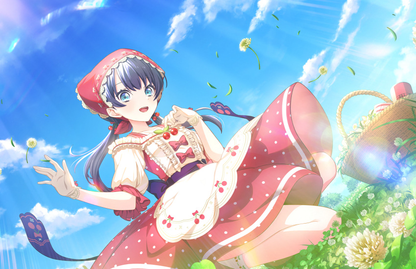 1girl :d \||/ basket blue_eyes blue_hair blue_sky cherry_hair_ornament clouds collarbone dark_blue_hair dress falling_flower flower_basket food-themed_hair_ornament frilled_dress frills from_below game_cg gloves hair_ornament hand_on_own_chest hand_up highres lens_flare lens_flare_abuse link!_like!_love_live! long_hair looking_at_viewer love_live! low_twintails medium_dress mole mole_on_neck murano_sayaka off-shoulder_dress off_shoulder official_art on_one_knee open_hand open_mouth polka_dot polka_dot_dress red_dress red_hat sky smile socks solo teeth thermos third-party_source twintails upper_teeth_only virtual_youtuber white_dress white_gloves white_socks