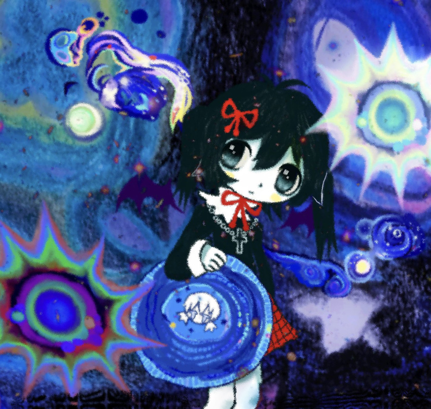 1girl abstract_background aqua_eyes black_hair black_shirt blue_background closed_mouth commentary cross cross_necklace english_commentary feet_out_of_frame hair_between_eyes hair_ribbon highres jewelry long_sleeves looking_at_viewer mewtryoshka neck_ribbon necklace orb original plaid plaid_skirt red_ribbon red_skirt ribbon shirt skirt solo standing