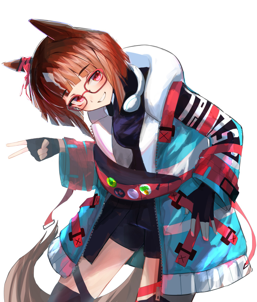 1girl absurdres animal_ears black_gloves black_shirt black_shorts blush breasts brown_hair coat cowboy_shot ear_ornament fanny_pack fingerless_gloves glasses gloves grin headphones headphones_around_neck highres horse_ears horse_girl horse_tail leaning_to_the_side long_sleeves open_clothes open_coat rakasei5050 red_eyes shirt short_hair shorts simple_background small_breasts smile solo standing tail thigh-highs transcend_(umamusume) umamusume w white_background