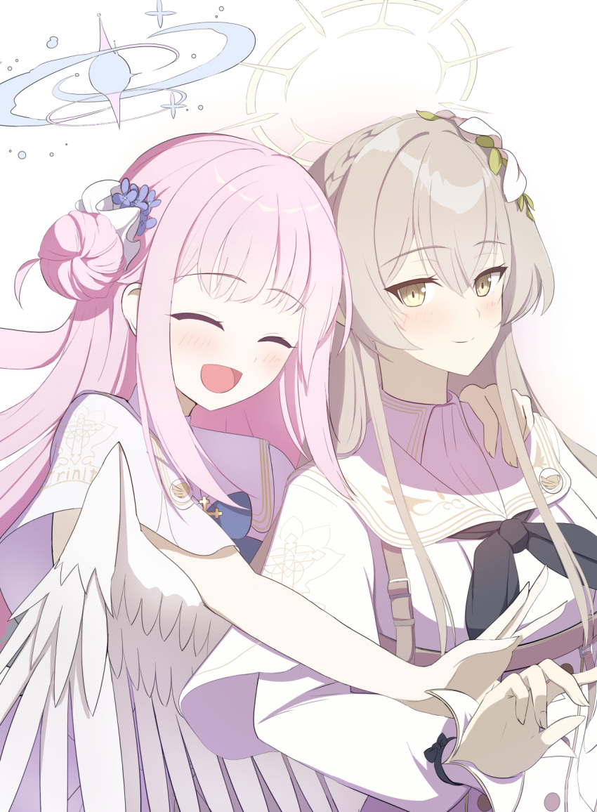 2girls blonde_hair blue_archive feathered_wings flower hair_flower hair_ornament halo hamachi8 highres hug light_blush light_smile mika_(blue_archive) multiple_girls nagisa_(blue_archive) pink_hair smile white_background wings yellow_eyes