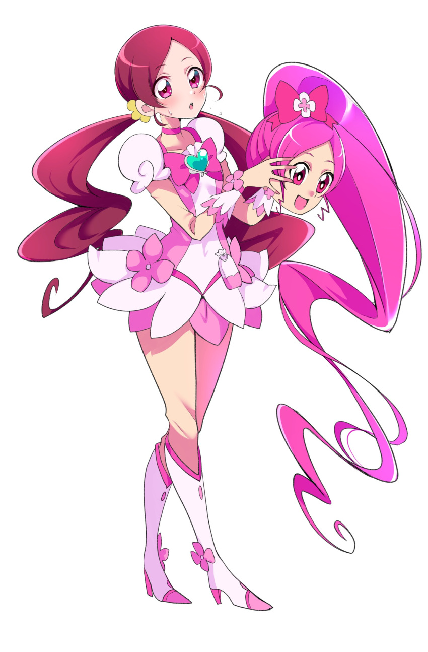 1girl animegao boots bow brooch choker commentary_request commission cosplay cure_blossom dress frilled_cuffs full_body hair_tie hanasaki_tsubomi heart heart_brooch heartcatch_precure! high_heel_boots high_heels highres holding holding_mask jewelry kigurumi long_hair looking_at_viewer low_twintails magical_girl mask mitsuki_tayura partial_commentary pink_bow pink_choker pink_dress pink_eyes pink_footwear pink_hair pixiv_commission pouch precure redhead self_cosplay short_dress short_sleeves simple_background solo standing sweatdrop swept_bangs thigh_boots twintails unworn_mask white_background