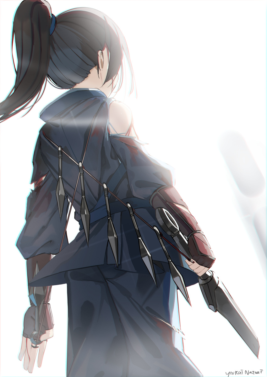 1girl arm_guards black_hair blood blood_on_clothes blue_pants brown_gloves commentary_request facing_away fingerless_gloves from_behind gloves highres holding holding_sword holding_weapon kunai natori_youkai original pants ponytail signature solo standing sword torn_clothes weapon white_background