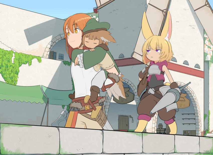absurdres animal_ear_fluff animal_ears armor blonde_hair breastplate carrying highres holding holding_polearm holding_weapon i_u_d_e_x jacket kemonomimi_mode lance leather leather_jacket mall medieval moss original outdoors piggyback polearm shadow short_legs stone_wall sword walking_on_fence weapon