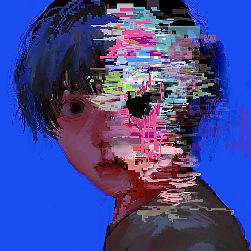 1boy black_hair blood blue_background censored check_copyright copyright_request cryborg empty_eyes glitch highres looking_at_viewer looking_to_the_side male_focus medium_bangs mosaic_censoring nosebleed original portrait shirt solo surreal