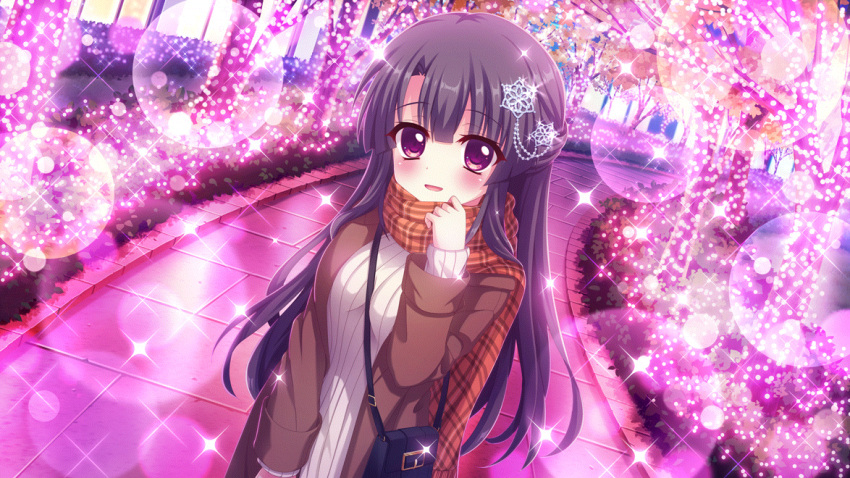 1girl aran_sweater bag black_bag black_hair blush breasts brown_coat bush cable_knit christmas christmas_lights coat dot_nose dutch_angle film_grain game_cg hair_ornament hand_up handbag ichikishima_mizuha izumi_tsubasu large_breasts lens_flare long_hair long_sleeves looking_at_viewer night non-web_source official_art open_mouth orange_scarf outdoors plaid plaid_scarf re:stage! scarf smile snowflake_hair_ornament solo sparkle stone_walkway straight_hair sweater tree violet_eyes