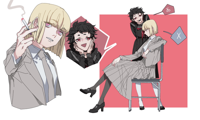 2girls :d arms_behind_back black_footwear black_hair black_serafuku black_shirt black_skirt blazer blonde_hair blunt_bangs blunt_ends blush braid breasts chair chinese_commentary cigarette colored_speech_bubble commentary_request crossed_legs dress_shirt earrings elbow_rest eyelashes from_side full_body grey_jacket grey_necktie grey_pantyhose grey_skirt hand_on_own_knee hands_on_own_cheeks hands_on_own_face head_down high-waist_skirt high_heels highres holding holding_cigarette hoop_earrings jacket jewelry lapels leaning_to_the_side long_hair long_skirt long_sleeves looking_at_another looking_down looking_to_the_side messy_hair multiple_girls multiple_views neckerchief necktie nose_blush on_chair open_clothes open_jacket open_mouth original pantyhose peaked_lapels pleated_skirt profile red_eyes red_neckerchief school_chair school_uniform serafuku shirt short_bangs short_eyebrows short_hair sideways_glance sitting skirt smile smoking speech_bubble standing tangtangjj teeth thick_eyebrows triangle_mouth twin_braids upper_teeth_only very_long_hair violet_eyes white_pantyhose white_shirt