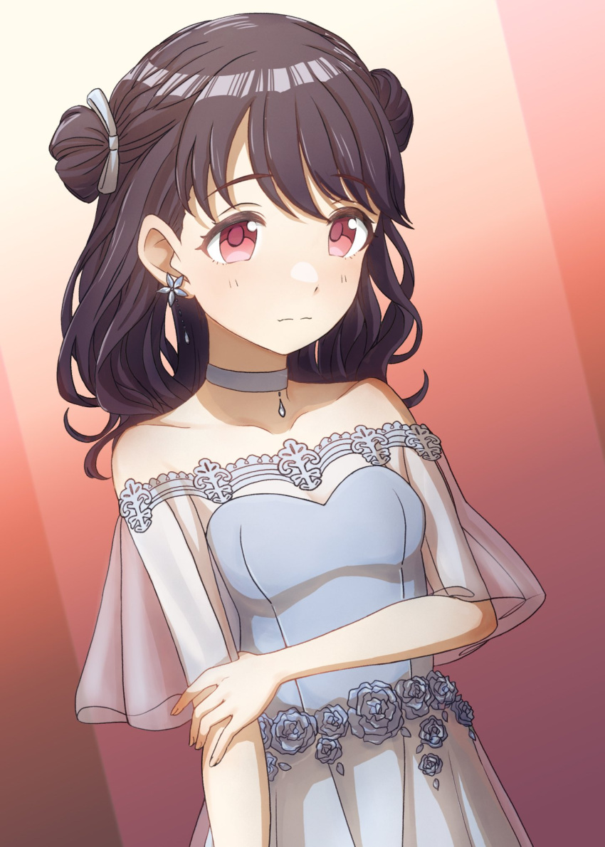 1girl black_hair choker commentary_request double_bun dress dutch_angle earrings flower_earrings fukumaru_koito hair_bun hair_ribbon highres idolmaster idolmaster_shiny_colors isoginn_chuck jewelry long_hair looking_at_viewer off-shoulder_dress off_shoulder ribbon solo swept_bangs violet_eyes