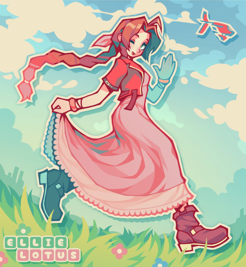 1girl aerith_gainsborough aircraft airship blue_eyes blue_flower blue_sky boots bracelet braid brown_footwear brown_hair clothes_grab clouds cloudy_sky commentary cropped_jacket day dress ellie_lotus english_commentary final_fantasy final_fantasy_vii final_fantasy_vii_remake flower from_side full_body grass green_flower hair_ribbon hand_up highres jacket jewelry long_dress long_hair looking_at_viewer one_eye_closed open_clothes open_jacket open_mouth outdoors parted_bangs pink_dress pink_flower pink_ribbon ponytail red_jacket ribbon running short_sleeves sky smile solo waving