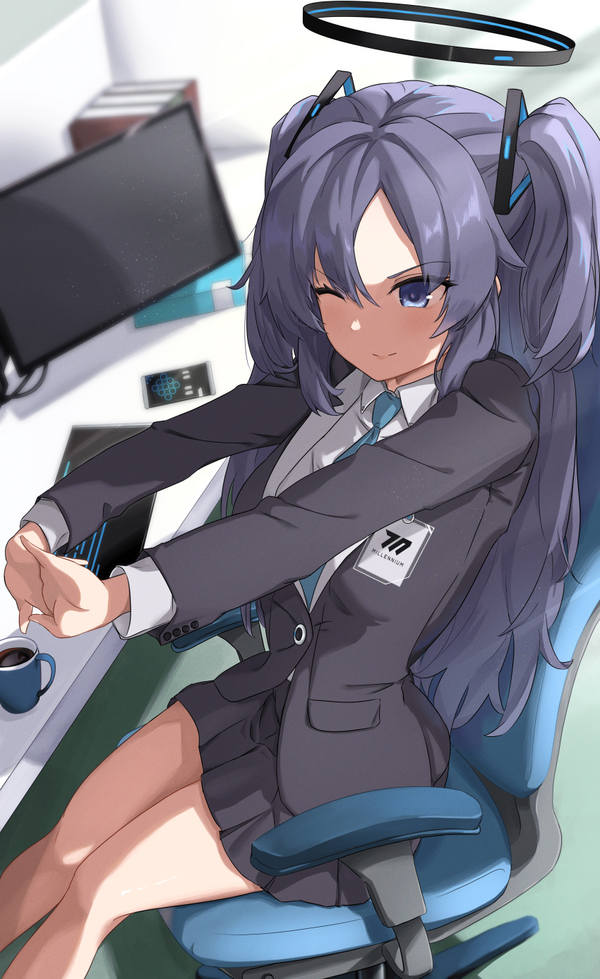 1girl absurdres black_halo black_shirt black_skirt blue_archive blue_necktie cellphone chair coffee_cup collared_shirt cup disposable_cup halo highres keyboard_(computer) long_hair miniskirt monitor necktie office_chair one_eye_closed phone purple_hair shirt skirt smartphone smile solo stretching swivel_chair two_side_up violet_eyes white_shirt yuuka_(blue_archive) zakuro_3309
