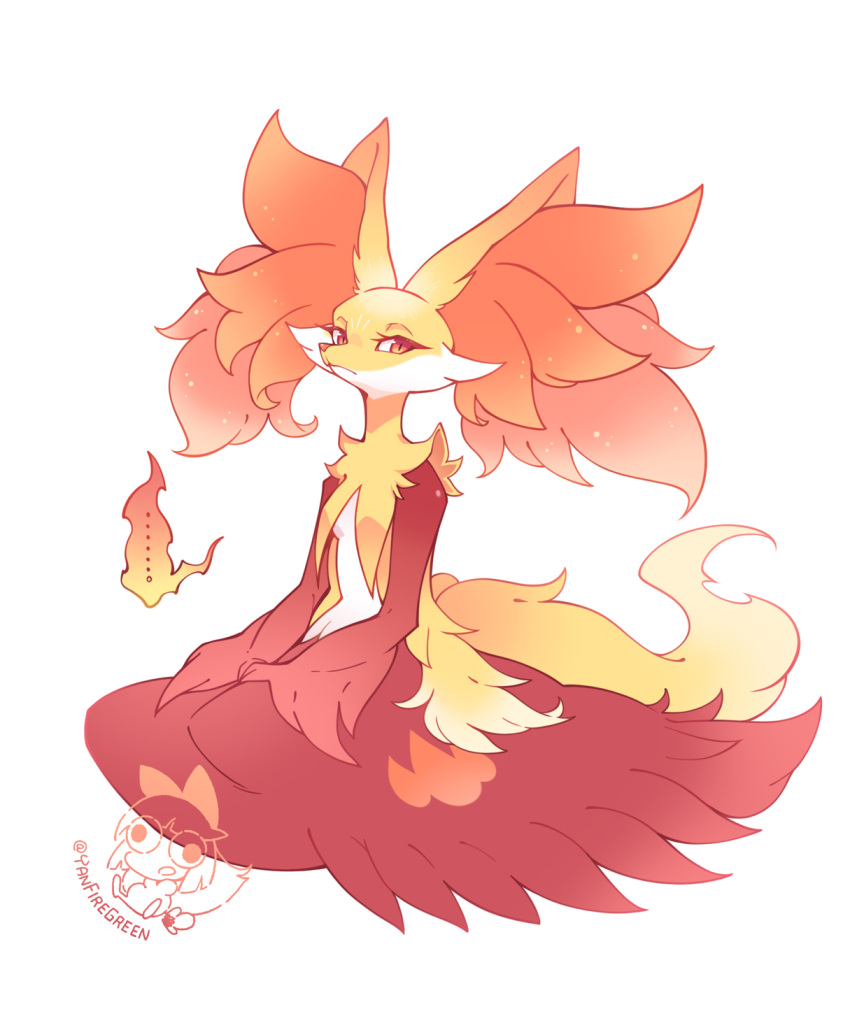 ... closed_mouth commentary_request delphox eyelashes full_body highres looking_at_viewer own_hands_together pokemon pokemon_(creature) sitting solo spoken_ellipsis white_background yan531 yellow_fur