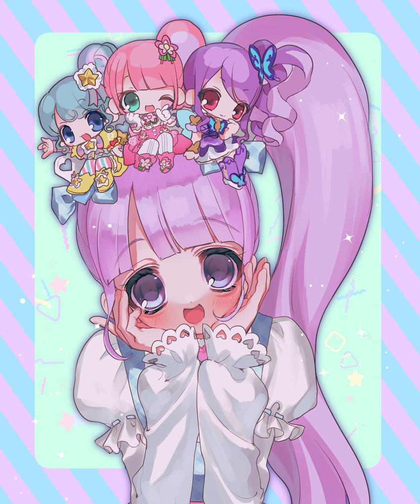 4girls :d blue_eyes blue_hair blunt_bangs blush butterfly_hair_ornament closed_mouth commentary_request flower full_body green_eyes hair_bun hair_flower hair_ornament hands_on_own_cheeks hands_on_own_face hands_up highres junon_(pripara) kanon_(pripara) long_hair long_sleeves looking_at_viewer manaka_non mini_person minigirl multicolored_hair multiple_girls on_head one_eye_closed open_mouth outside_border pink_flower pink_hair pinon_(pripara) pretty_series pripara purple_hair red_eyes shirt side_ponytail sidelocks single_side_bun sitting smile star_(symbol) streaked_hair upper_body violet_eyes white_shirt yuiitsu