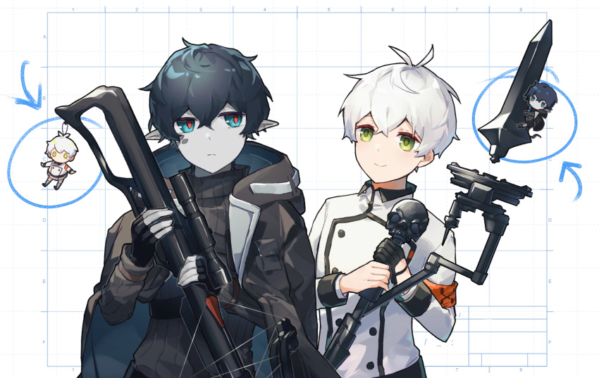 2boys arknights armband aruke0 black_gloves black_hair black_jacket black_sweater blue_eyes bow_(weapon) character_doll charm_(object) colored_skin commentary_request faust_(arknights) fingerless_gloves gloves green_eyes grey_skin grid_background highres holding holding_bow_(weapon) holding_staff holding_weapon jacket mephisto_(arknights) multiple_boys pointy_ears red_pupils scales simple_background staff sweater upper_body weapon white_background white_hair white_jacket