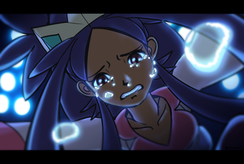 1girl cocopuds collarbone crying crying_with_eyes_open dark-skinned_female dark_skin dutch_angle highres iris_(pokemon) letterboxed looking_at_viewer pokemon pokemon_bw2 purple_hair sad solo tears teeth v-neck