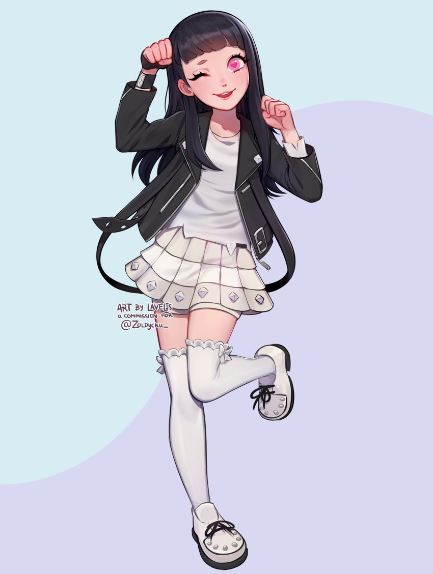 1girl :3 absurdres arm_up artist_name black_hair black_jacket blue_background blunt_bangs clenched_hands commission facing_viewer full_body hand_up heart heart-shaped_pupils highres jacket knee_up lapels lavelis layered_clothes long_hair mismatched_eyebrows one_eye_closed open_clothes open_jacket open_mouth original paw_pose pigeon-toed pink_eyes purple_background shirt shoelaces simple_background skirt socks solo standing standing_on_one_leg symbol-shaped_pupils teeth thigh-highs upper_teeth_only white_footwear white_shirt white_skirt white_socks