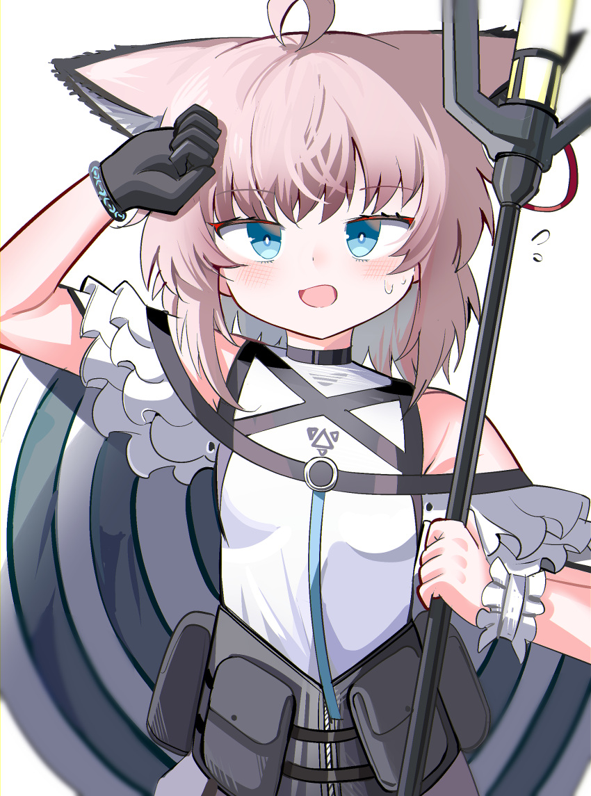 1girl absurdres ahoge animal_ear_fluff animal_ears arknights arm_up bare_shoulders black_gloves blue_eyes blush breasts brown_hair cosplay flying_sweatdrops fox_ears gloves highres holding looking_at_viewer open_mouth shirt simple_background single_glove small_breasts solo spam_(spamham4506) sussurro_(arknights) suzuran_(arknights) suzuran_(arknights)_(cosplay) upper_body white_background white_shirt