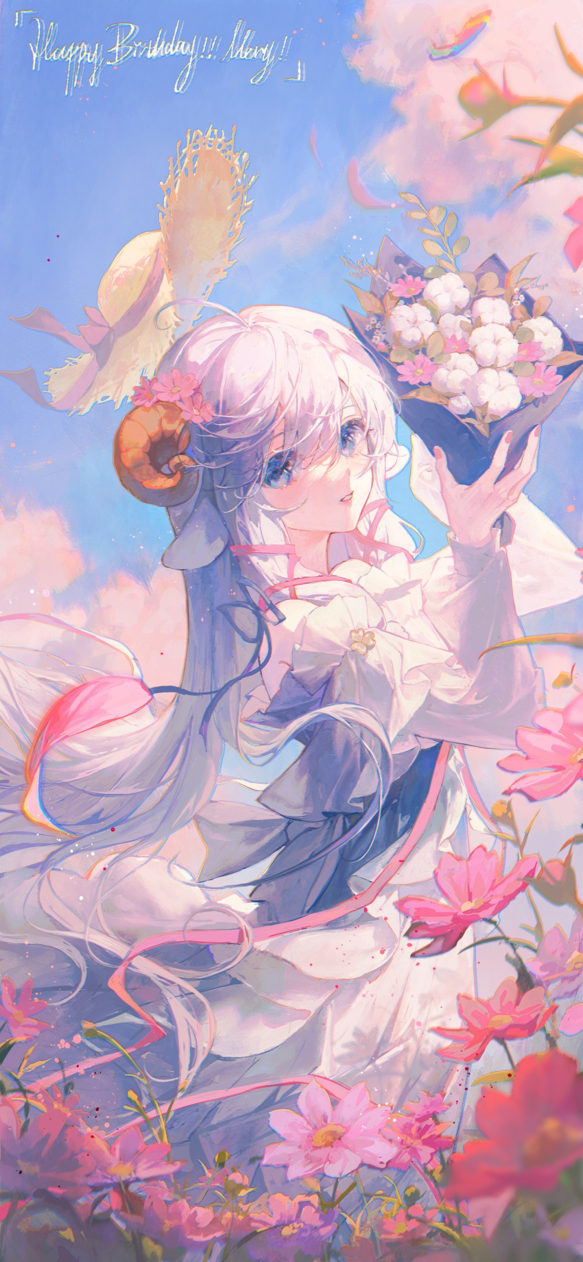 1girl absurdres ahoge animal_ears blue_eyes blue_sky bouquet brown_horns chromatic_aberration clouds commentary cosmos_(flower) curled_horns day dress english_text fingernails flower hair_between_eyes hair_flower hair_ornament hat highres holding holding_bouquet horns long_hair long_sleeves looking_at_viewer maccha_(mochancc) merry_(meumy) meumy nail_polish outdoors parted_lips pink_flower pink_nails pink_ribbon ribbon sheep_ears sheep_girl sheep_horns sidelocks sky solo straw_hat teeth unworn_headwear very_long_hair virtual_youtuber white_dress white_hair