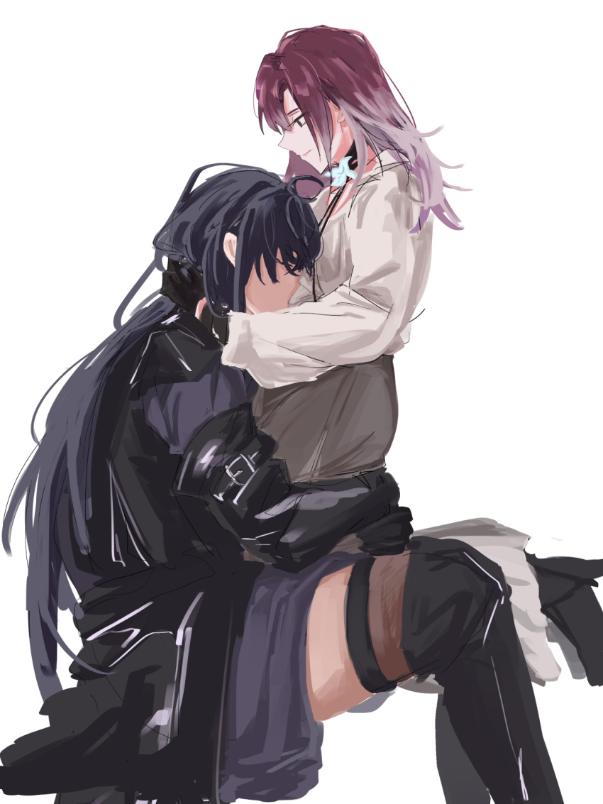 2girls black_coat black_footwear black_gloves black_hair boots closed_mouth coat commentary elbow_gloves gloves gradient_hair grey_skirt hand_on_another's_neck hashtag-only_commentary highres hug kelp_454 knee_boots long_hair long_sleeves multicolored_hair multiple_girls path_to_nowhere purple_hair rahu_(path_to_nowhere) shalom_(path_to_nowhere) shirt simple_background sitting sitting_on_lap sitting_on_person skirt smile white_background white_hair white_shirt yuri