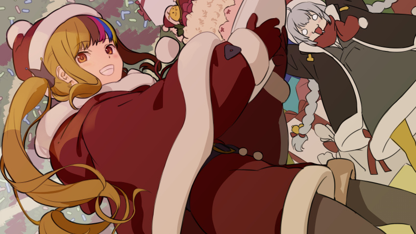 2girls :3 absurdres alternate_hairstyle arms_up bell belt black_belt blonde_hair blue_hair brown_hair brown_jacket cake capelet christmas christmas_tree dress food galaco galaco_(neo) green_dress grey_hair grey_thighhighs hat highres holding holding_plate jacket jingle_bell kizuna_akari long_hair mob_face multicolored_hair multiple_girls o_o open_clothes open_jacket open_mouth pantyhose pink_hair plate red_capelet red_eyes red_hat red_scarf red_shorts santa_capelet santa_costume santa_hat scarf shorts smile tarokazu teeth thigh-highs vocaloid white_trim yellow_thighhighs