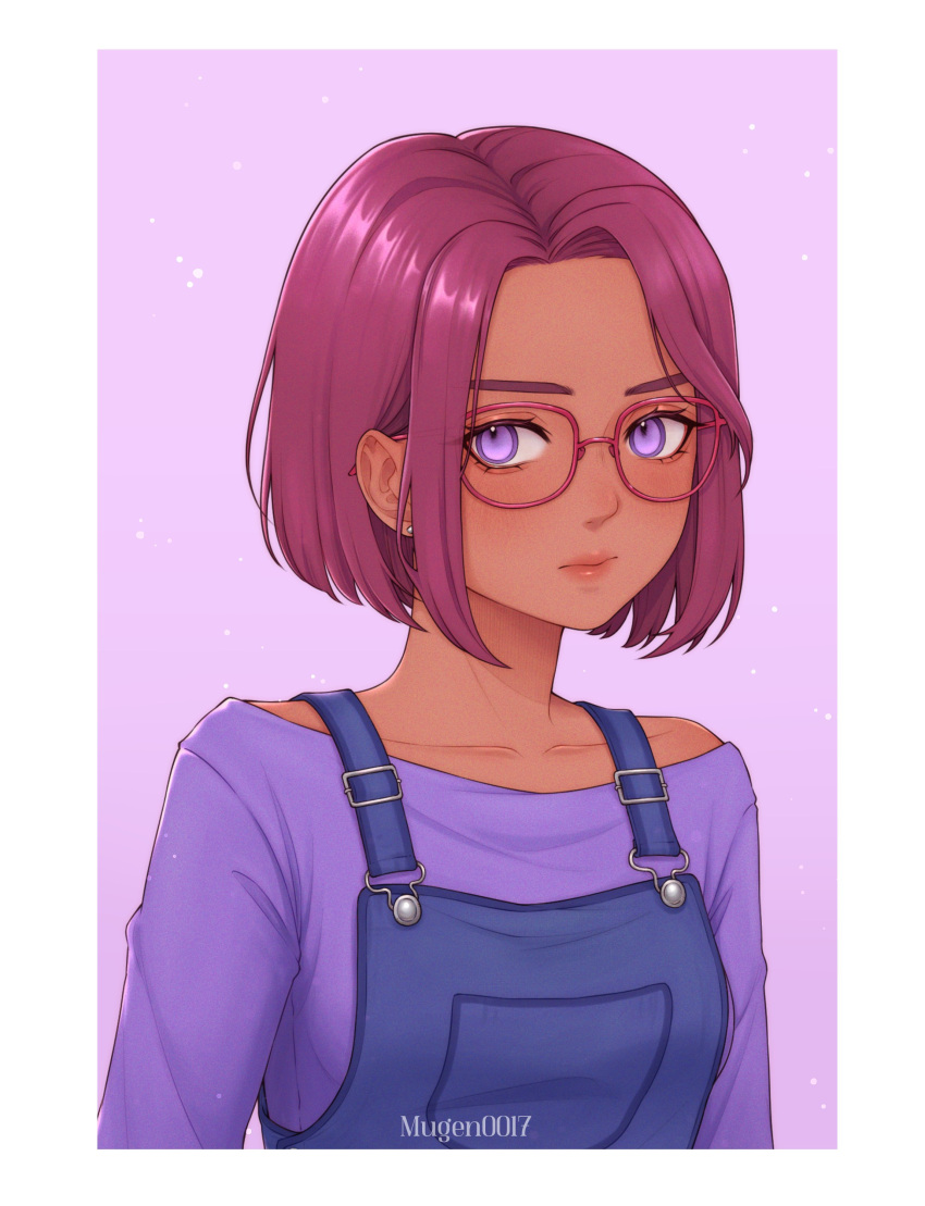 1girl absurdres artist_name blue_overalls border brown_hair closed_mouth collarbone commentary dark-skinned_female dark_skin english_commentary glasses highres lips long_sleeves looking_at_viewer maru_(stardew_valley) mugen0017 outside_border overalls pink_lips purple_background purple_shirt red-framed_eyewear shirt short_hair simple_background solo stardew_valley violet_eyes white_border