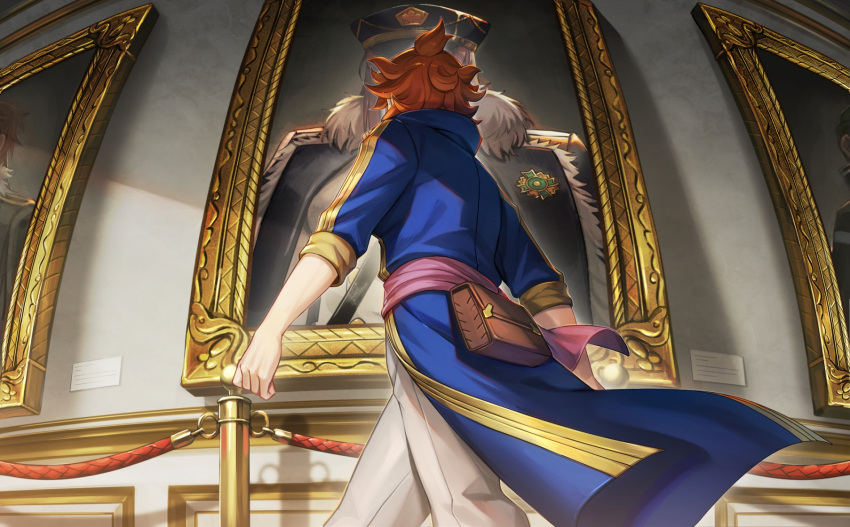 1girl black_clover black_clover:_sword_of_the_wizard_king blue_robe fur_trim gold_trim hat highres looking_at_object mereoleona_vermillion military_hat princia_funnybunny redhead robe short_hair spiky_hair tsugutoku