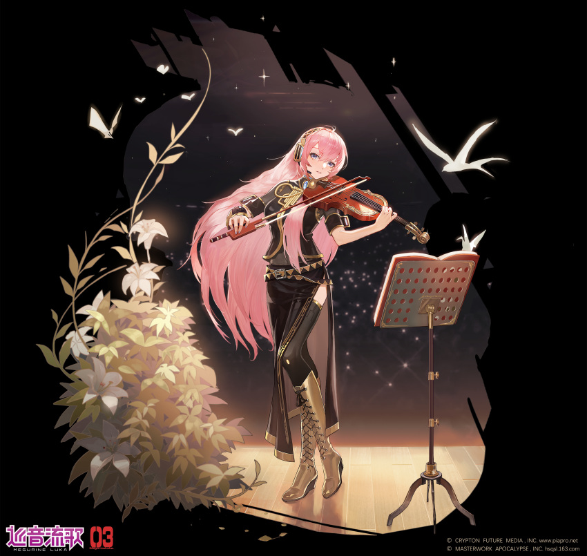 1girl absurdres belt black_belt black_shirt black_skirt black_thighhighs blush boots bow_(music) breasts brown_belt brown_footwear chinese_commentary copyright_name copyright_notice fingernails flower full_body gold_trim grey_nails grin hair_between_eyes headset highres holding holding_bow_(music) holding_instrument holding_violin instrument knee_boots long_hair long_skirt looking_at_viewer masterwork_apocalypse medium_breasts megurine_luka music nail_polish official_art origami paper_crane parted_lips plant playing_instrument shirt short_sleeves side_slit simple_bird skirt smile solo standing star_(symbol) thigh-highs very_long_hair vicennter violet_eyes violin white_flower