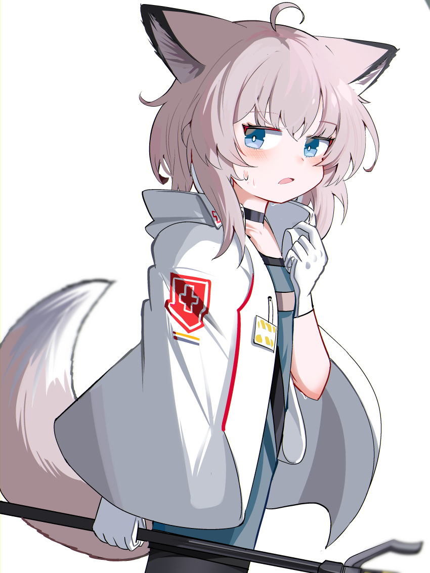 1girl absurdres ahoge animal_ear_fluff animal_ears arknights black_choker black_pantyhose blue_dress blue_eyes blush brown_hair choker dress fox_ears fox_girl fox_tail from_side gloves hair_between_eyes highres holding jacket looking_at_viewer looking_to_the_side open_mouth pantyhose simple_background solo spam_(spamham4506) standing sussurro_(arknights) sweat tail white_background white_gloves white_jacket