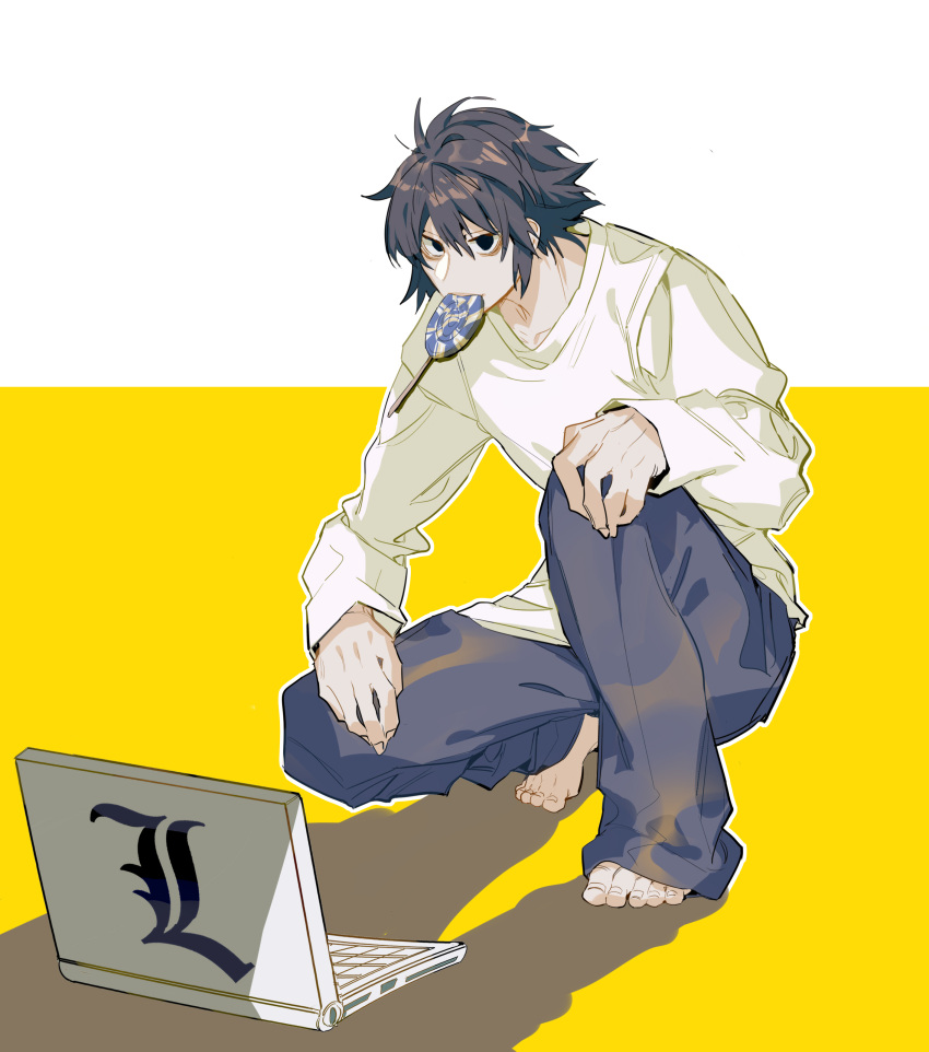 1boy absurdres barefoot black_eyes black_hair blue_pants candy collarbone computer death_note denim food food_in_mouth hair_between_eyes hands_on_own_knees highres jeans l_(death_note) laptop lollipop long_sleeves looking_at_viewer male_focus pants shaded_face shirt simple_background solo squatting white_background white_shirt xi_luo_an_ya yellow_background