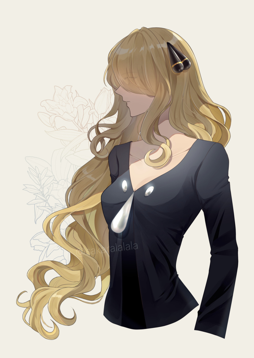 1girl black_coat blonde_hair closed_mouth coat cropped_torso cynthia_(pokemon) eyes_visible_through_hair flower from_side hair_ornament hair_over_one_eye highres long_hair long_sleeves pokemon pokemon_dppt sakaralalala solo very_long_hair