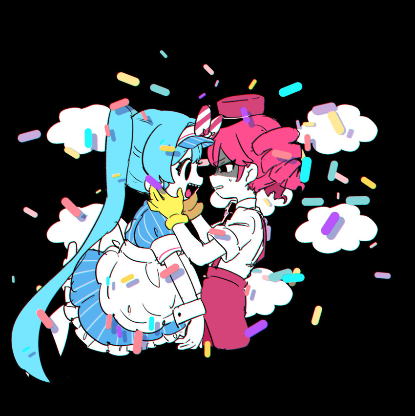 2girls black_background black_eyes blue_dress blue_hair blue_hat bow clouds commentary confetti cowboy_shot dress drill_hair gloves hair_bow hands_on_another's_face hat hat_bow hatsune_miku highres kasane_teto long_hair mesmerizer_(vocaloid) multiple_girls nervous pants pink_hair pink_pants poppu_usagi puffy_short_sleeves puffy_sleeves shaded_face shirt short_sleeves sweat twin_drills twintails utau very_long_hair visor_cap vocaloid yellow_gloves
