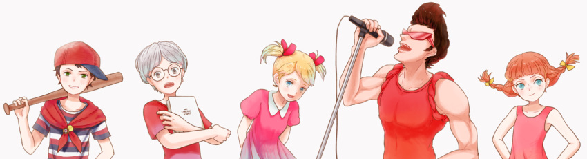2girls 3boys ana_(mother) baseball_bat black_hair blonde_hair blue_eyes book braid dress grey_hair hands_on_own_hips holding holding_book holding_microphone_stand leaning_forward lloyd_(mother) memi_(gamemix) microphone_stand mother_(game) mother_1 multiple_boys multiple_girls muscular muscular_male neckerchief ninten open_mouth over_shoulder pink_dress pippi_(mother) pompadour red-tinted_eyewear red_hat red_neckerchief red_shirt round_eyewear shirt short_twintails sideways_hat simple_background sleeves_rolled_up striped_clothes striped_shirt teddy_(mother) tinted_eyewear translation_request twin_braids twintails white_background