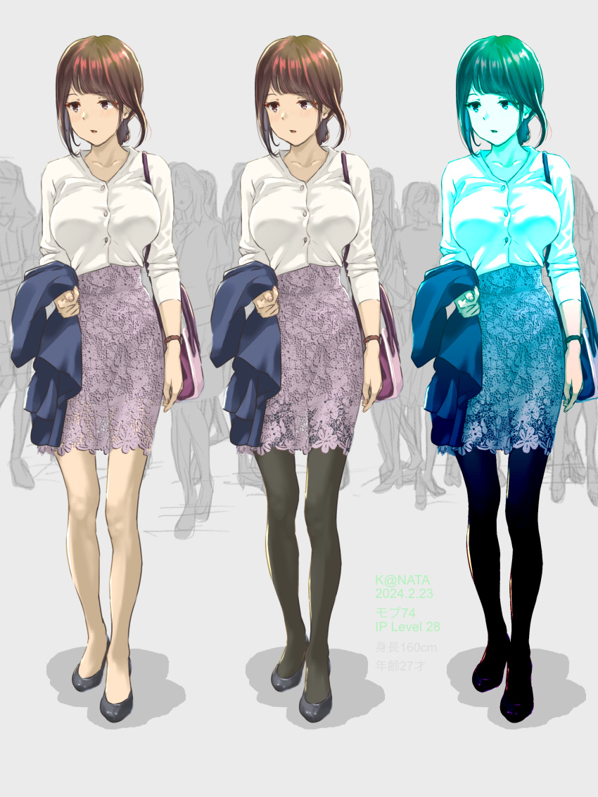 1girl absurdres bag black_footwear brown_hair buttons crowd fingernails floral_print full_body high_heels highres long_sleeves looking_to_the_side office_lady original pencil_skirt ponytail shirt skirt suit thighs white_shirt y.kami_nao/take