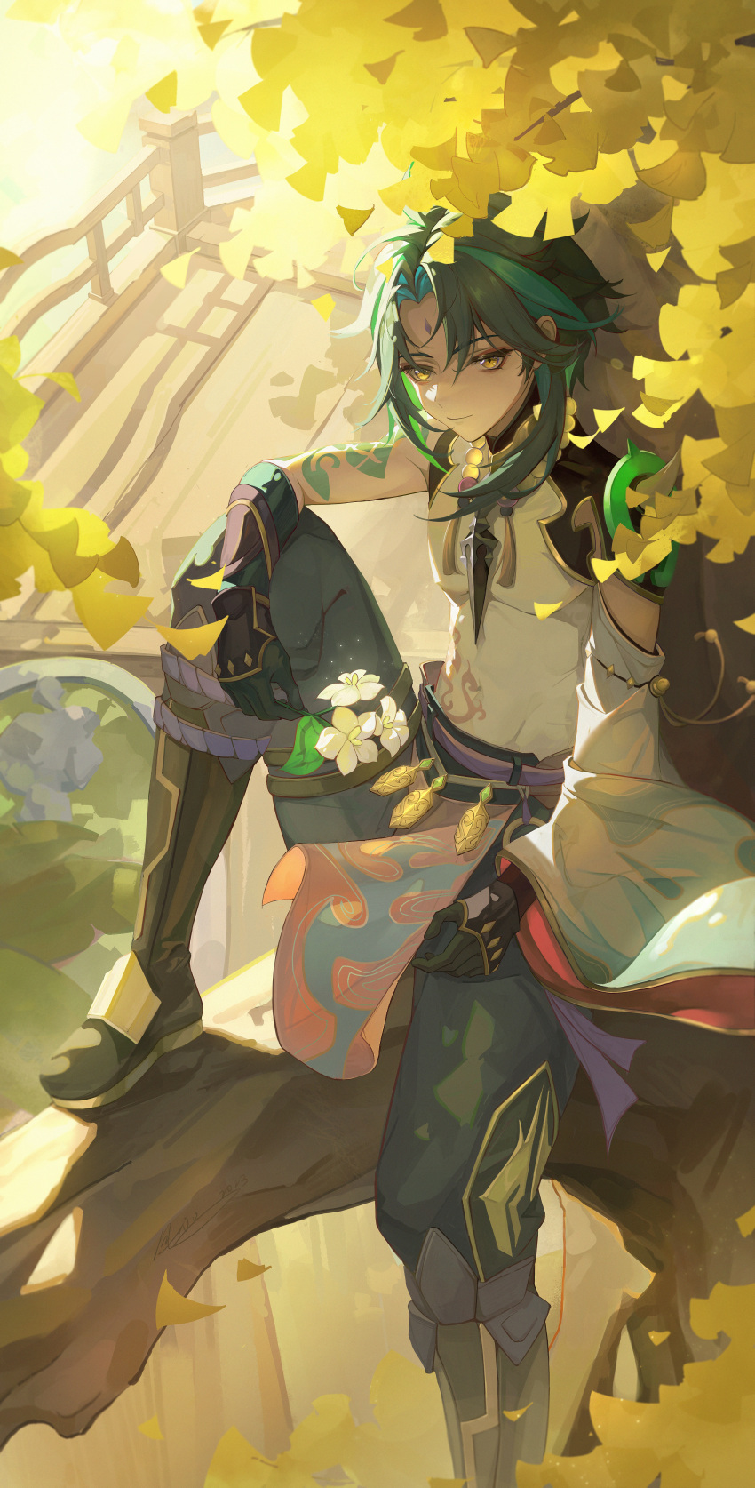 1boy absurdres arm_tattoo armor autumn bead_necklace beads belt boots bridge brown_footwear cape detached_sleeves eyeshadow falling_leaves floating_clothes flower forehead_jewel gauntlets genshin_impact gold_trim green_hair green_pants hair_between_eyes hand_on_own_thigh highres holding holding_flower jewelry knee_boots knee_up leaf lily_(flower) looking_at_viewer makeup multicolored_hair necklace pants parted_bangs pelvic_curtain purple_belt purple_cape red_eyeshadow shirt short_hair_with_long_locks shoulder_armor single_detached_sleeve sitting sitting_on_branch sleeveless sleeveless_shirt slit_pupils smile streaked_hair sunlight sunset tassel tattoo thighlet tree white_flower white_shirt wide_sleeves xiao_(genshin_impact) yellow_eyes zhishuixy