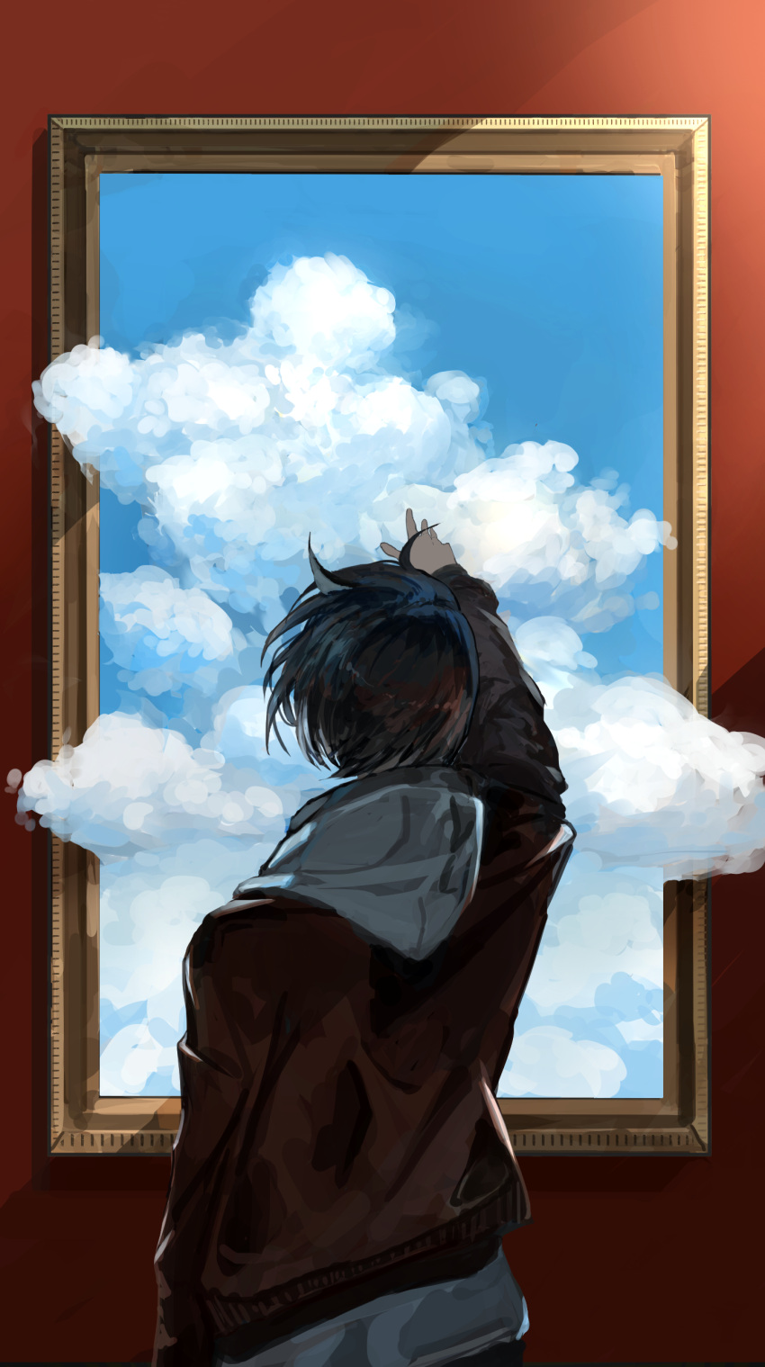 1other absurdres ambiguous_gender blue_sky clouds floating_hair from_behind highres jacket kasumi_yuzuha long_sleeves original outstretched_arm picture_frame portrait_(object) red_jacket redhead short_hair sky solo through_medium through_painting upper_body