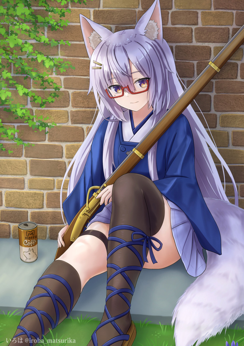 1girl absurdres animal_ear_fluff animal_ears antique_firearm arquebus black_thighhighs blue_skirt brick_wall brown_eyes brown_footwear can canned_coffee closed_mouth commentary_request drink_can feet_out_of_frame firelock glasses grey_hair gun hair_between_eyes hair_ornament hairclip highres iroha_(iroha_matsurika) japanese_clothes kimono knee_up long_hair long_sleeves matchlock mole mole_under_eye original pleated_skirt red-framed_eyewear sandals semi-rimless_eyewear sitting skirt solo tail thigh-highs twitter_username under-rim_eyewear very_long_hair violet_eyes weapon white_kimono wide_sleeves wolf_ears wolf_girl wolf_tail zouri