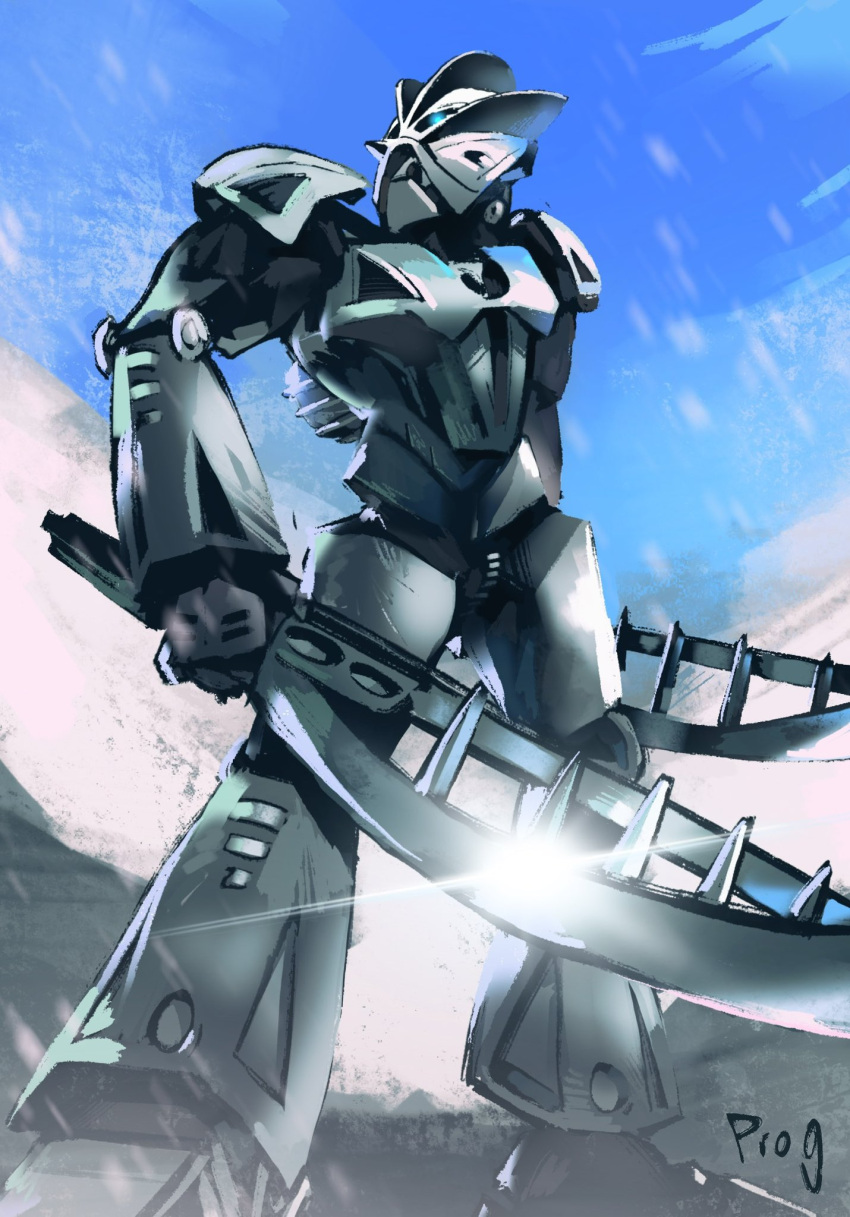 bionicle blue_eyes dual_wielding english_commentary glint glowing glowing_eyes highres holding holding_sword holding_weapon humanoid_robot kanohi_(bionicle) looking_to_the_side mask original prog_ares robot sky snowing solo sword the_lego_group weapon