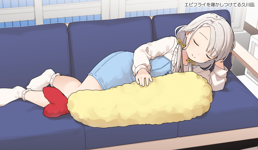 1girl blue_dress braid braided_bangs closed_eyes closed_mouth collared_shirt commentary_request couch day dress facing_viewer food frilled_shirt_collar frilled_socks frills grey_hair hair_over_shoulder hair_ribbon hand_up highres hisakawa_nagi idolmaster idolmaster_cinderella_girls indoors long_hair long_sleeves low_twintails lying no_shoes on_couch on_side puffy_long_sleeves puffy_sleeves ribbon shirt shrimp shrimp_tempura smile socks solo tempura translation_request twintails variant_set white_shirt white_socks window yellow_ribbon yukie_(kusaka_shi)