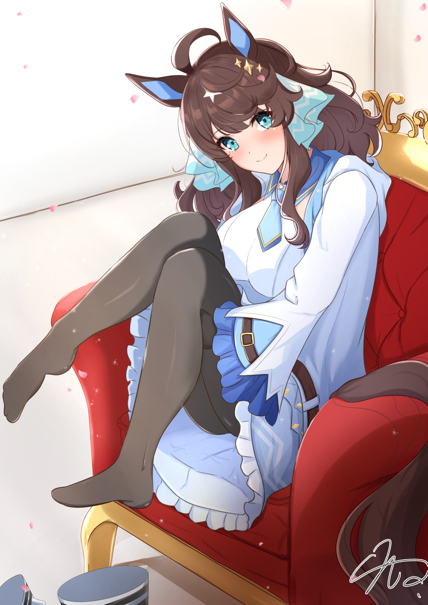 1girl absurdres ahoge animal_ears blue_eyes blush breasts chair closed_mouth commentary_request daring_tact_(umamusume) hair_ornament highres horse_ears horse_girl horse_tail looking_at_viewer medium_breasts medium_hair pantyhose sho_mix_illustration shoes signature sitting smile solo star_(symbol) star_hair_ornament tail umamusume unworn_shoes