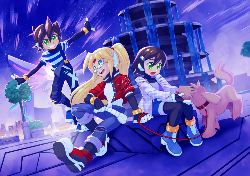1girl 2boys absurdres aile_(mega_man_zx) alternate_costume alternate_hairstyle android animal_collar black_bodysuit blonde_hair blue_eyes blue_footwear blue_overalls blue_pants blue_shirt blush bodysuit bodysuit_under_clothes brown_hair camisole collar commission cropped_jacket denim denim_shorts dog drawloverlala facial_mark forehead_mark fountain girouette_(mega_man) glasses green_eyes hair_ornament high_ponytail highres jacket jeans long_hair mega_man_(series) mega_man_zx multiple_boys open_clothes open_jacket open_mouth outdoors outstretched_arms overalls pants petting red_collar red_footwear red_jacket robot_ears shirt shoes short_hair shorts smile smirk spaghetti_strap spiky_hair spread_arms striped_clothes striped_shirt tongue tree vent_(mega_man) water white_camisole white_shirt