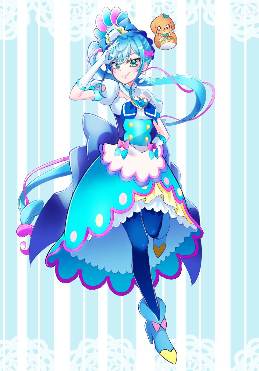 1girl absurdres artist_name back_bow blue_background blue_bow blue_dress blue_eyes blue_hair blue_pantyhose bow brooch closed_mouth clothing_cutout commentary cure_spicy delicious_party_precure doily dress full_body fuwa_kokone gloves hair_bow hand_on_own_hip heart heart_brooch highres huge_bow jewelry leg_up long_hair looking_at_viewer magical_girl medium_dress miisu_(minirose) multicolored_hair pam-pam_(precure) pantyhose pink_hair precure puffy_short_sleeves puffy_sleeves rope salute short_sleeves side_ponytail signature smile solo standing standing_on_one_leg streaked_hair very_long_hair white_gloves