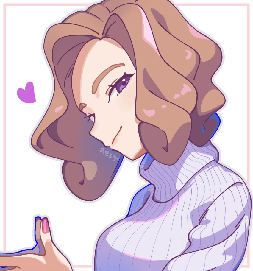 1girl artist_name breasts brown_hair closed_mouth fingernails grey_outline hair_intakes heart highres medium_breasts nail_polish omochi_(omotimotittona3) outline palina_(pokemon) pink_nails pokemon pokemon_legends:_arceus ribbed_sweater short_hair smile solo sweater turtleneck turtleneck_sweater upper_body violet_eyes white_sweater