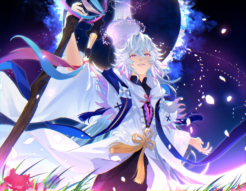 1boy center_frills fate/grand_order fate_(series) flower flower_knot frills garden_of_avalon hair_between_eyes highres holding holding_staff hood hooded_robe long_hair long_sleeves male_focus merlin_(fate) open_mouth petals ribbon robe smile solo staff very_long_hair violet_eyes white_hair white_robe yat573