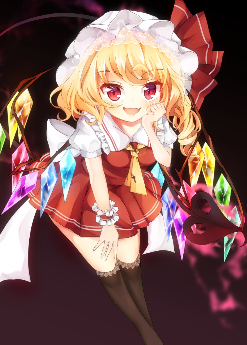 1girl absurdres black_thighhighs blonde_hair cowboy_shot crystal_wings dress fang flandre_scarlet frilled_dress frills hat hat_ribbon highres kuraudo laevatein_(touhou) leaning_forward mob_cap open_mouth red_dress red_eyes red_ribbon ribbon side_ponytail simple_background skin_fang solo thigh-highs touhou wrist_cuffs