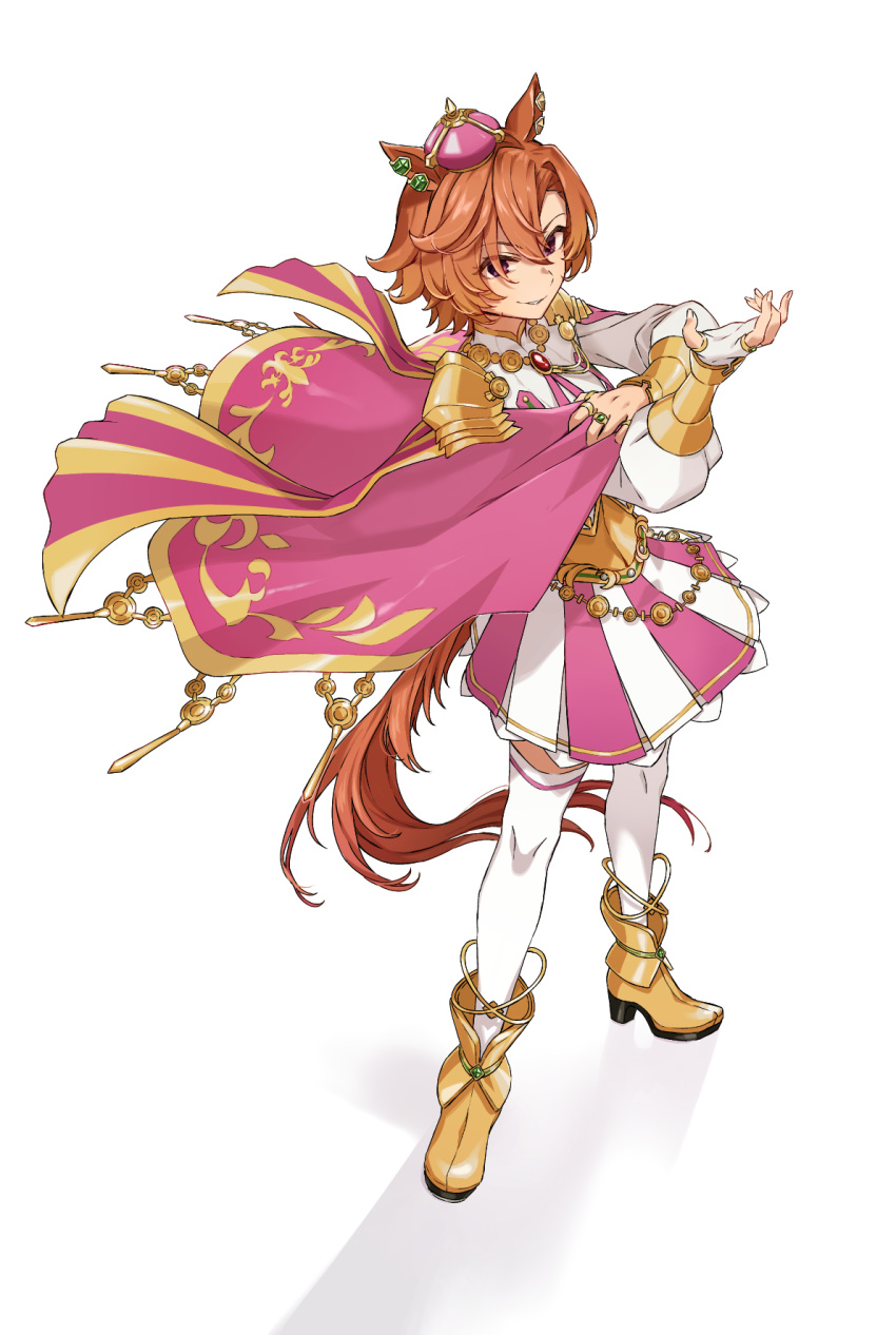 1girl animal_ears armor asymmetrical_bangs boots breasts cape corset crown fingerless_gloves full_body gloves highres holding_own_arm horse_ears horse_girl horse_tail jewelry long_sleeves looking_at_viewer mini_crown multiple_rings nanaheibei_3 orange_hair orange_tail parted_lips pink_cape ring shadow shirt short_hair shoulder_armor simple_background single_glove skirt small_breasts smirk solo standing t.m._opera_o_(umamusume) tail thigh-highs umamusume violet_eyes white_background white_gloves white_shirt white_thighhighs yellow_footwear