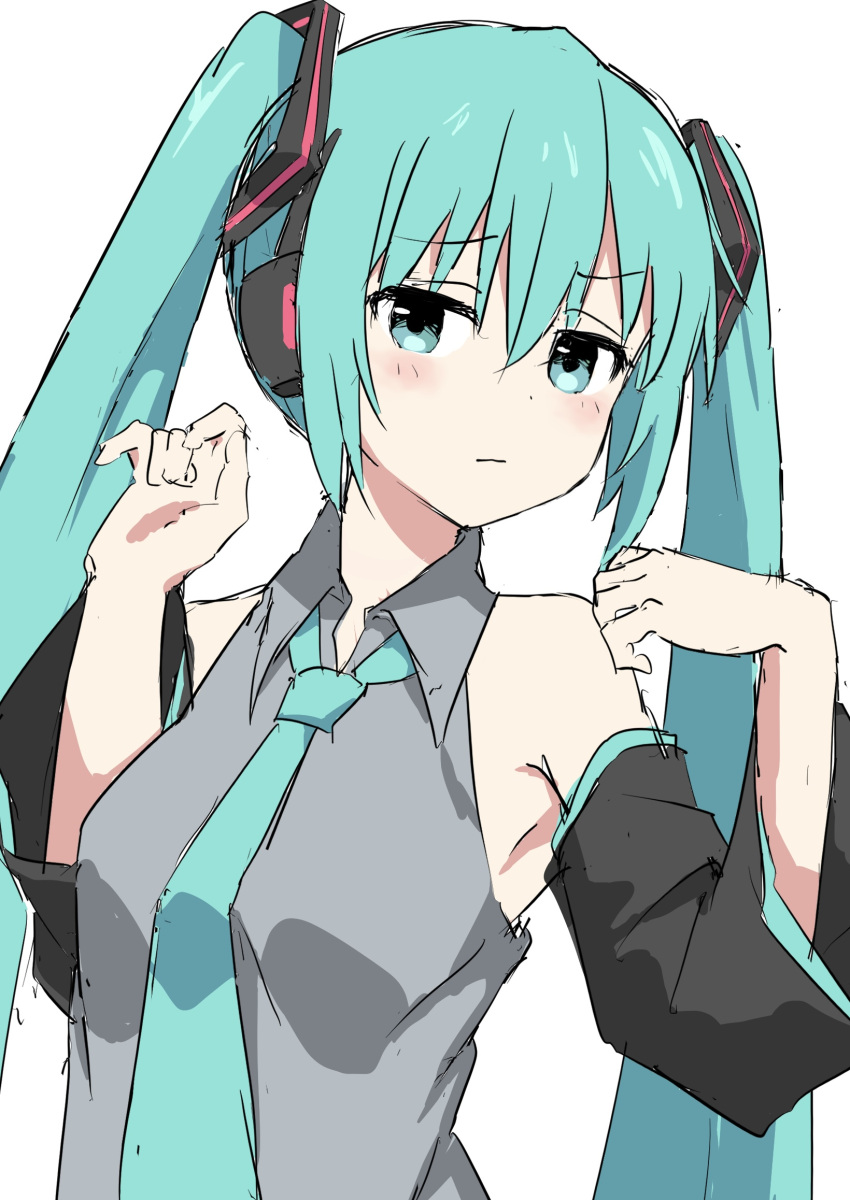 1girl aqua_eyes aqua_hair aqua_necktie armpit_crease as_buppa bare_shoulders black_sleeves breasts closed_mouth collared_shirt curled_fingers detached_sleeves frown furrowed_brow hair_between_eyes hair_ornament hands_up hashtag-only_commentary hatsune_miku headphones highres long_bangs long_hair looking_at_viewer necktie shirt sidelocks sideways_glance simple_background sleeveless sleeveless_shirt solo twintails upper_body very_long_hair vocaloid white_background