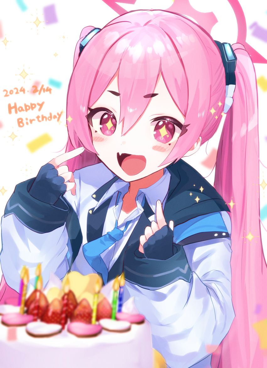 +_+ 1girl birthday birthday_cake blue_archive blush blush_stickers cake candle fang fingerless_gloves food fruit gloves halo highres koyuki_(blue_archive) long_hair open_mouth pink_eyes pink_hair pointing pointing_at_self skin_fang strawberry twintails yashiro_osa
